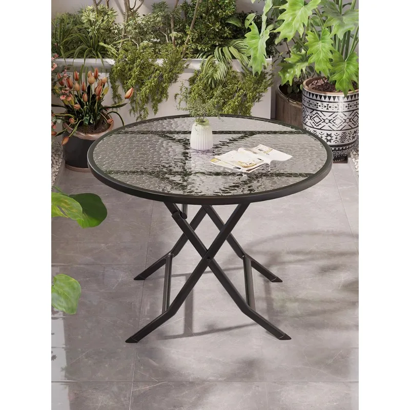 Folding  Household dining Outdoor balcony Tempered glass Coffee table Eating round table Foldable square table Small