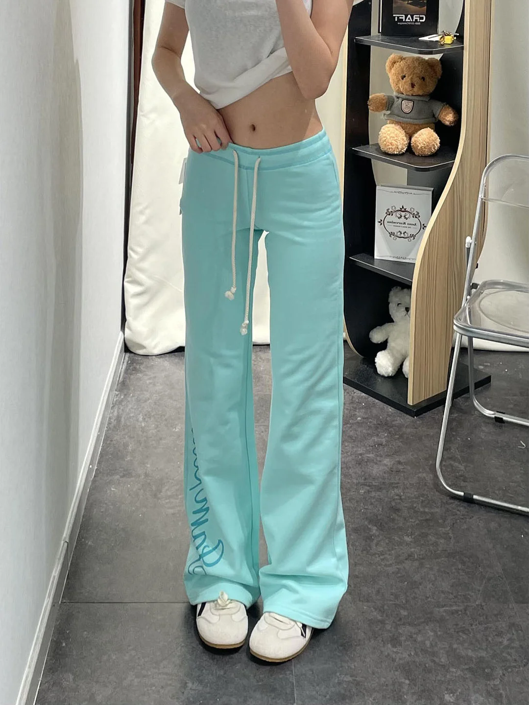 Mint Green Spicy Girl Low Waist Thistle Body Print Micro Flared Sweatpants Women Early Autumn Drawstring Slimming Casual Long...