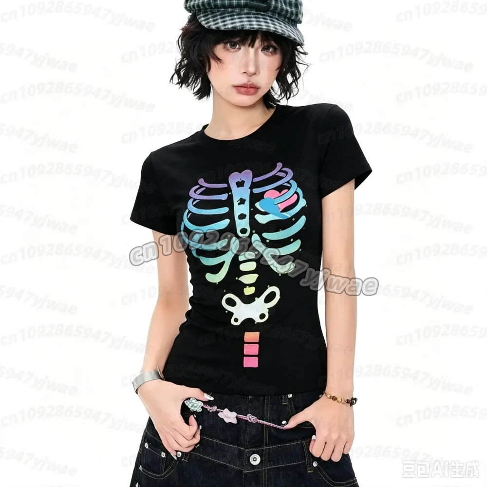 Summer Women's Halloween Skeleton Bones Yami Kawaii Y2K Skull Street Style Short Sleeve T-shirt Halloween Cute  cosplay t-shirtT view 6