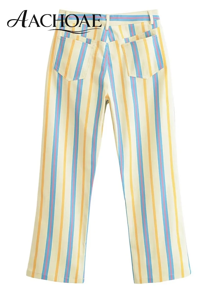 AACHOAE Women Stripe Straight Leg Pants Vintage Colorful Denim Trousers High Waist Loose Casual Retro Streetwear Fashion Pants
