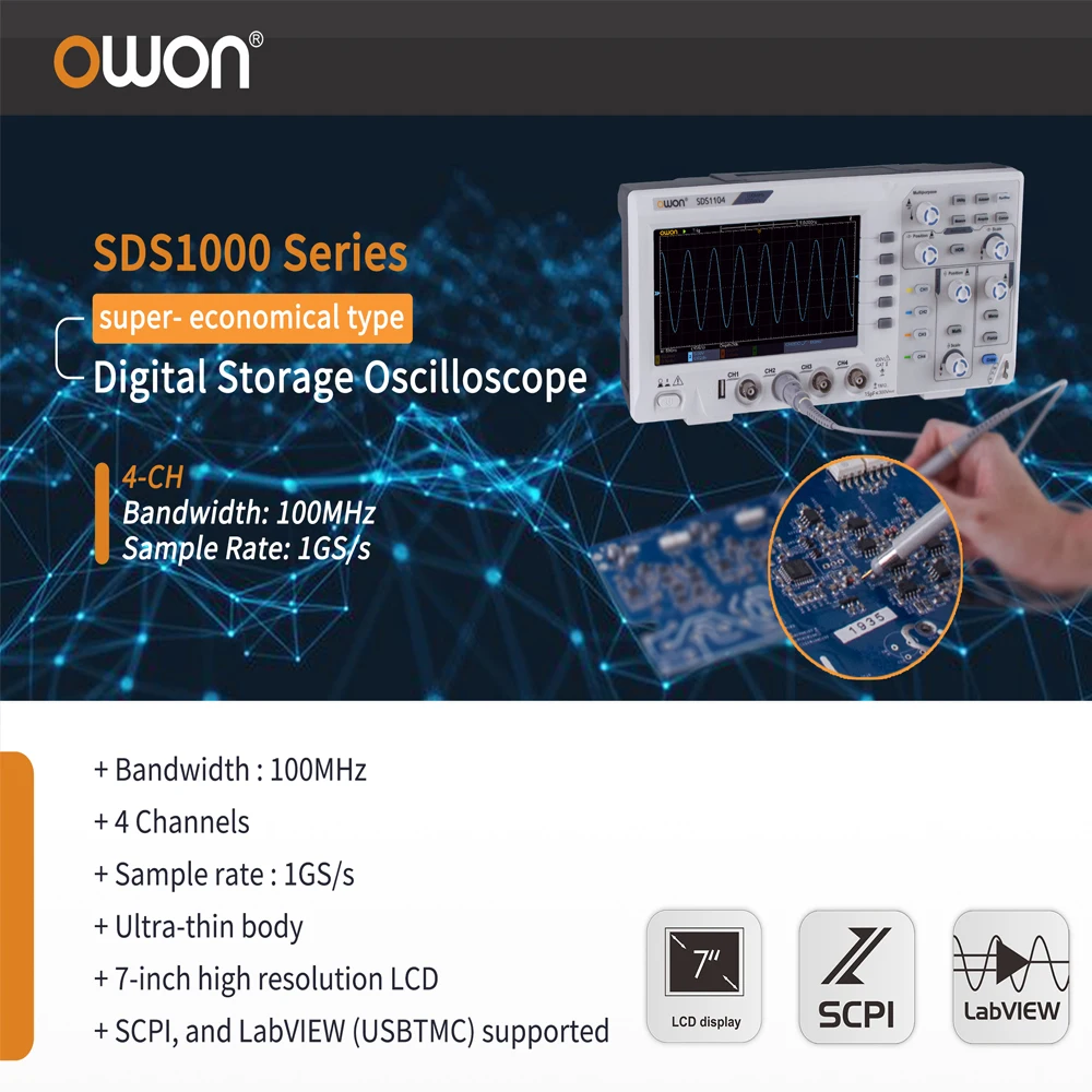 Osciloscopio de almacenamiento Digital, 4 canales, 7 pulgadas, 100MHz, 1GS/s, frecuencia de muestreo, compatible con SCPl / LabVIEW SDS1104, multímetro de banco