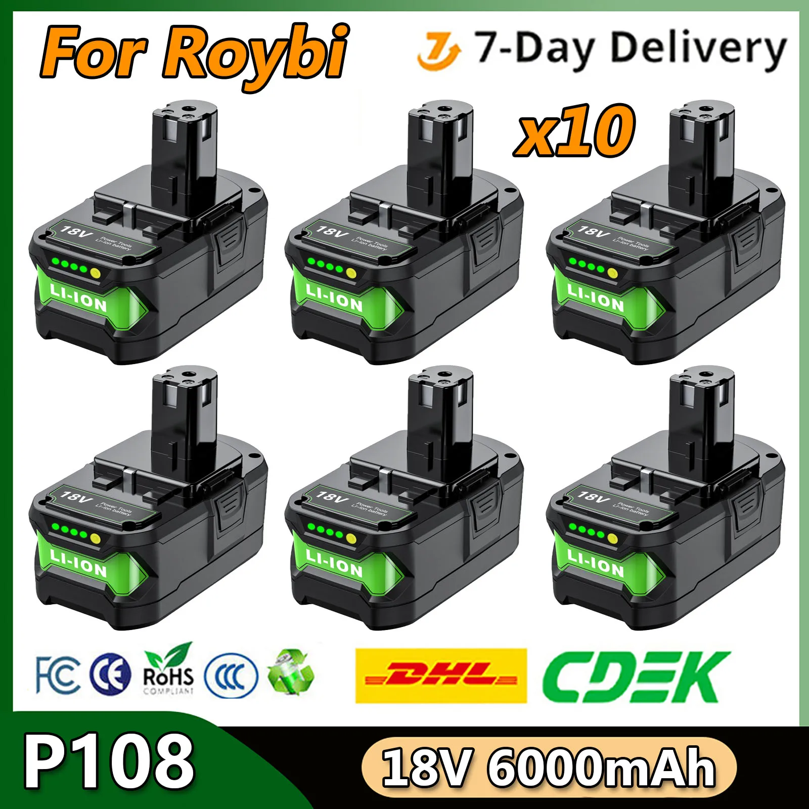Ryobi 리튬 이온 충전식 배터리, 전동 공구 배터리, 18V, 6.0Ah, 6000mAh, BPL1820, P108, P109, P106, P105, P104, RB18L50