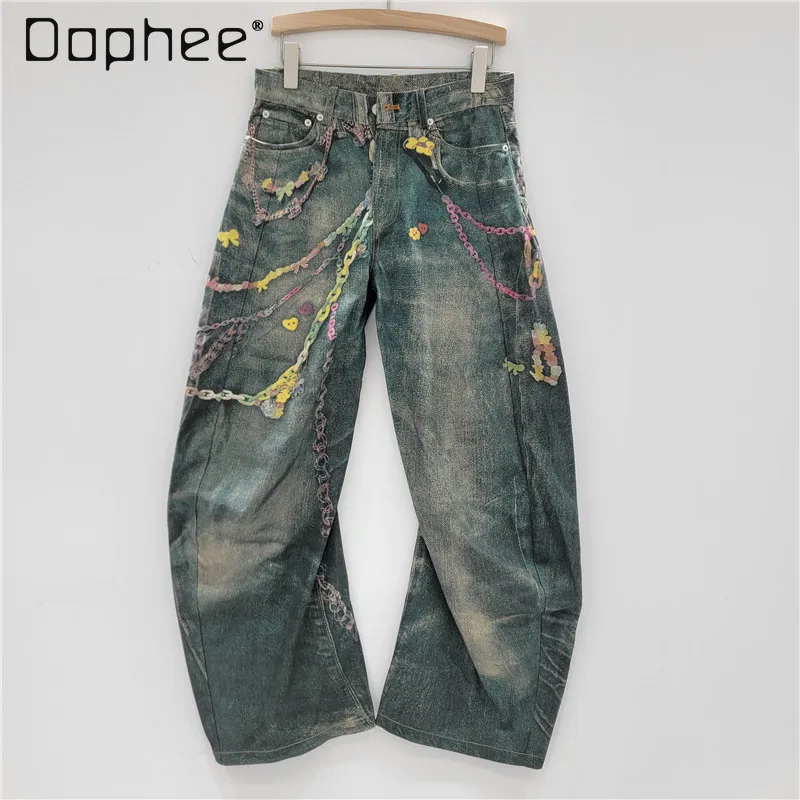

2025 Spring New 3D Printing Scimitar Jeans Women's Design Chain Candy Print Casual Trousers High Waisted Jeans Women Jeans