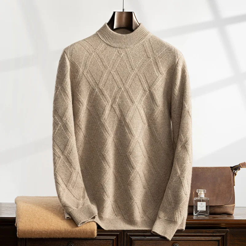 

Men Cashmere Sweater Half Turtleneck Thick Jacquard Business Loose Autumn Winter