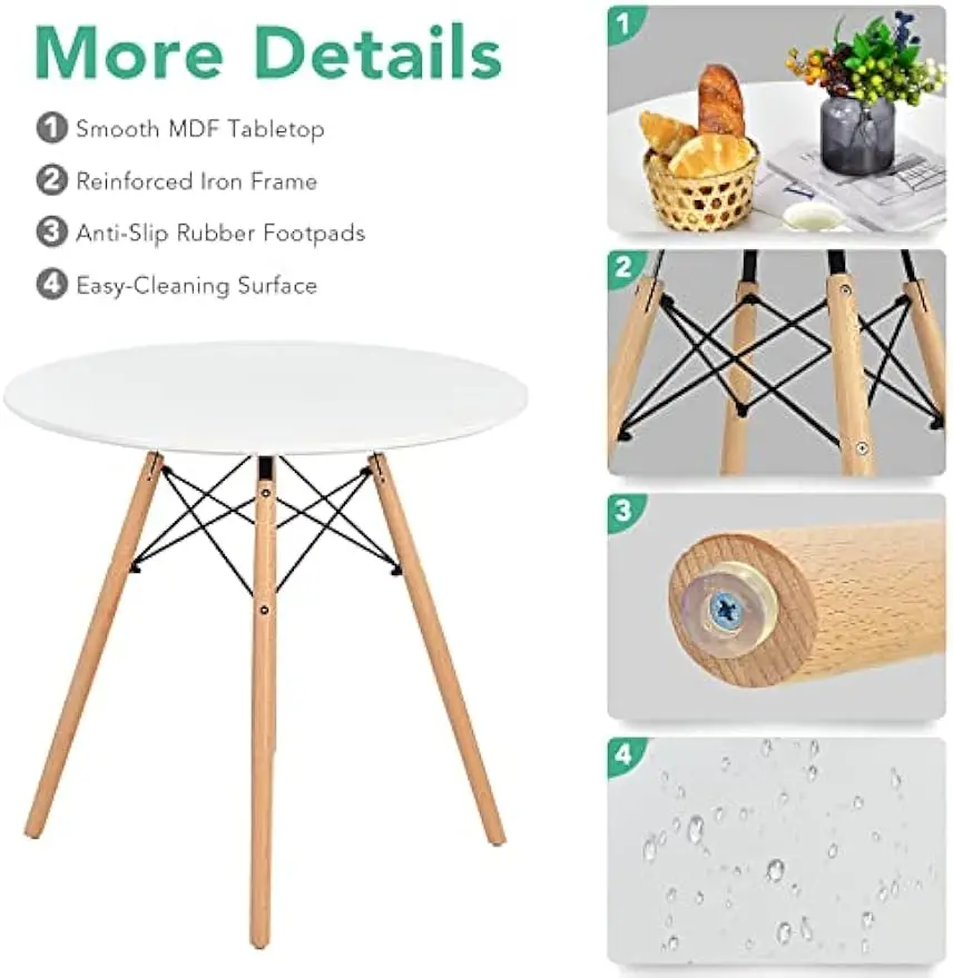 Round Dining Table Set for 4, 5-Piece Kitchen Table Chairs Set, Modern 31.5" D Dining Table,4 Dining Chairs with Solid Wood Legs