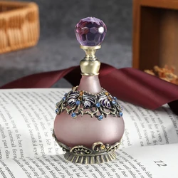 1pc Vintage Perfume Bottle 25ml Purple Crystal Cap Dropper Refillable Glass Container Metal Enamel Flower Decor Girlfriend Gift
