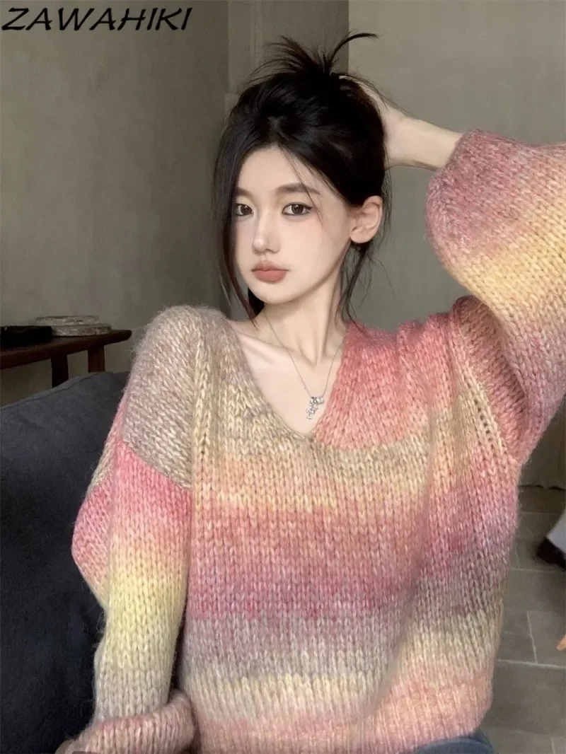 Vintage Japanese Sweet Contrast Color Gradient V-neck Long Sleeve Sweater Women Loose Fall Knitted Y2K Aesthetic Pullovers