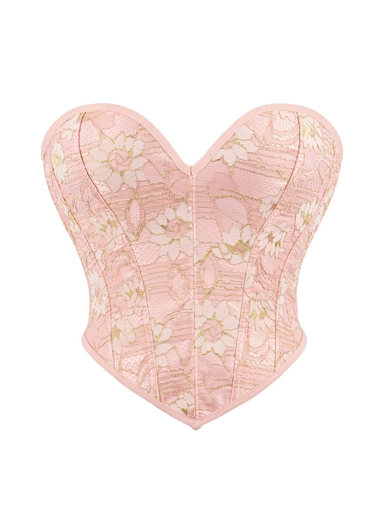 Women Pink Gold Floral Strapless Corset Top Sweetheart Neck Lace Up Back Tummy Control Slim Hourglass Figure Shaper