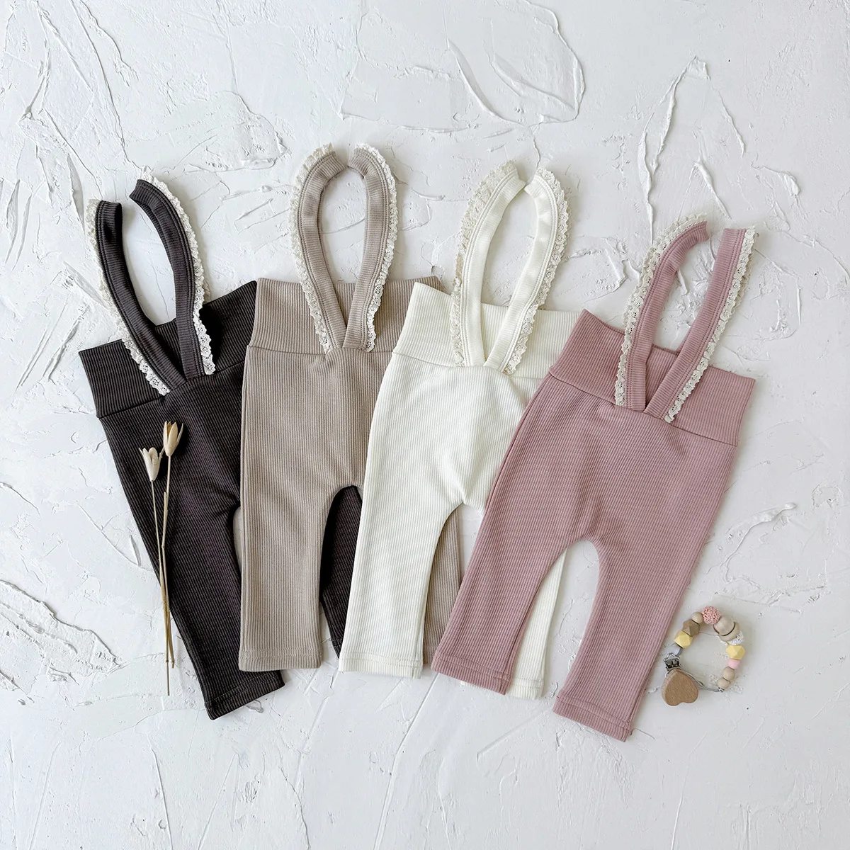 

Korean Children's Clothes 2025 Ribbed Suspender Pants 0-3Y Baby Girl Tights High Waist Sweet Lace Trim Overalls Soft Bottoms