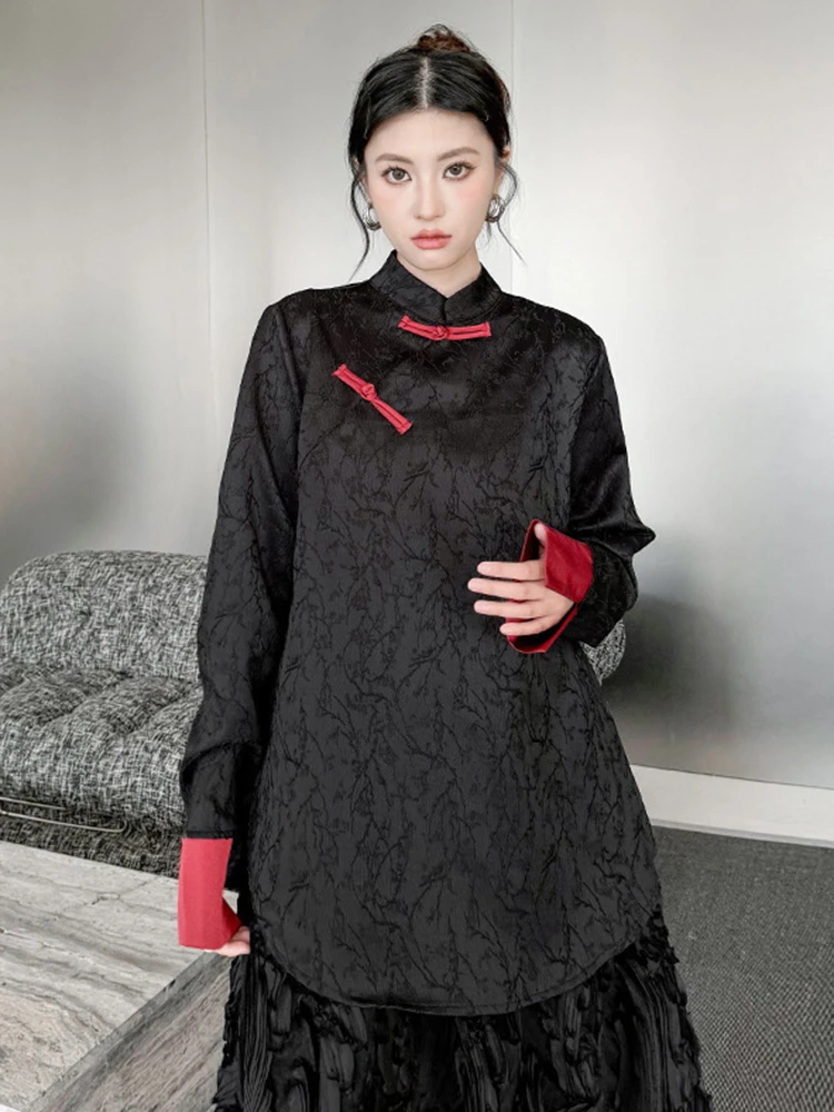 [EAM] Women Black Jacquard Color-block Big Size Blouse New Stand Collar Long Sleeve Shirt Fashion Spring Autumn 2024 1DH5155