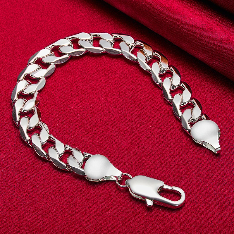 SHSTONE-Pulseras cubanas de Plata de Ley 925 para hombre y mujer, cadena de 12mm, accesorios de boda, regalo de fiesta de cumpleaños, joyería de moda