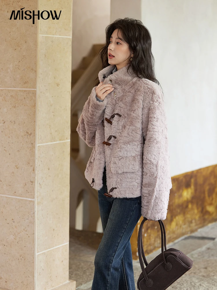 MISHOW Leather Fur Lamb Wool Jacket Stand Collar Bull Horn Buckle Pink Purple 2024 Winter Senior Soft Warm Thick Coat MXD58W0594