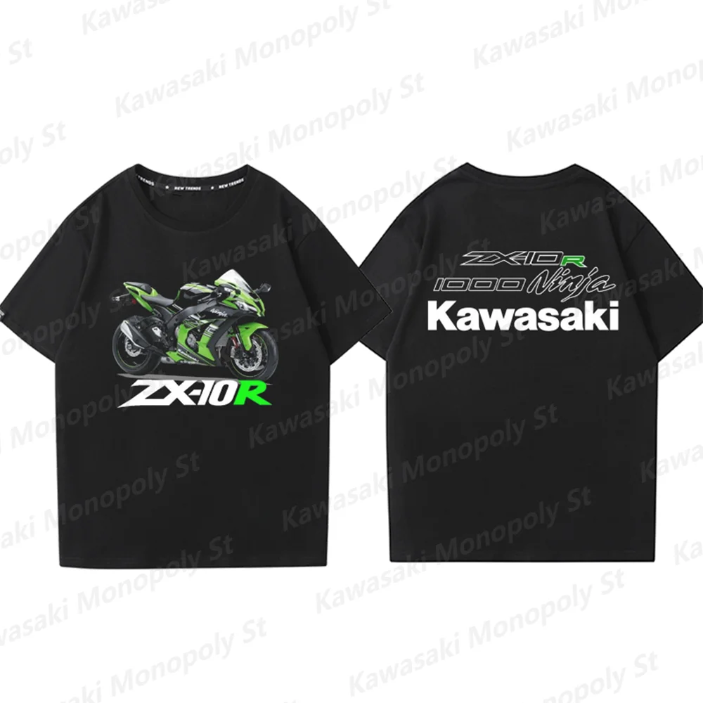 24/25New Summer Boy Kawasaki Motorcycle Kawasaki Printed Men  Motorcycle Lovers Short Sleeve T-Shirt Kid/Adult Street Cotton Top