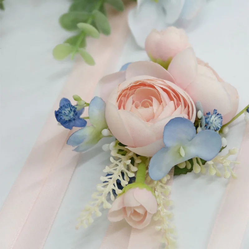 New Korean Pink Blue Artifical Flowers Corsage groom accessories Bridesmaid Boutonniere Bride weding decoration for weddings