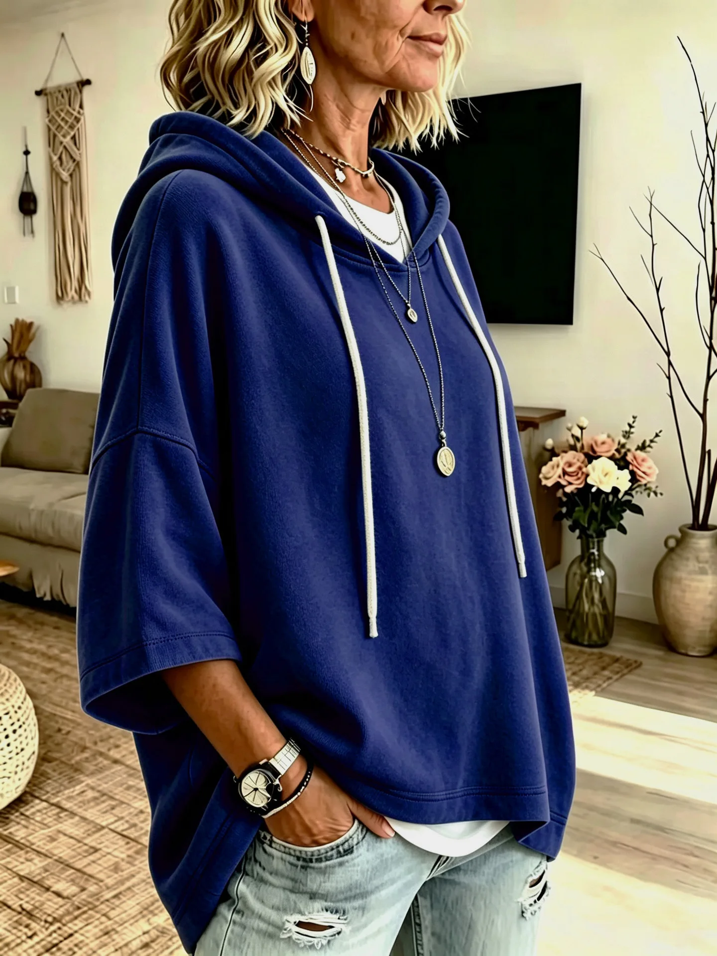 Einfarbiger Damen-Hoodie mit 3/4-Ärmeln, Lässiger Lockerer Pullover für Herbst und Winter – Detail 14