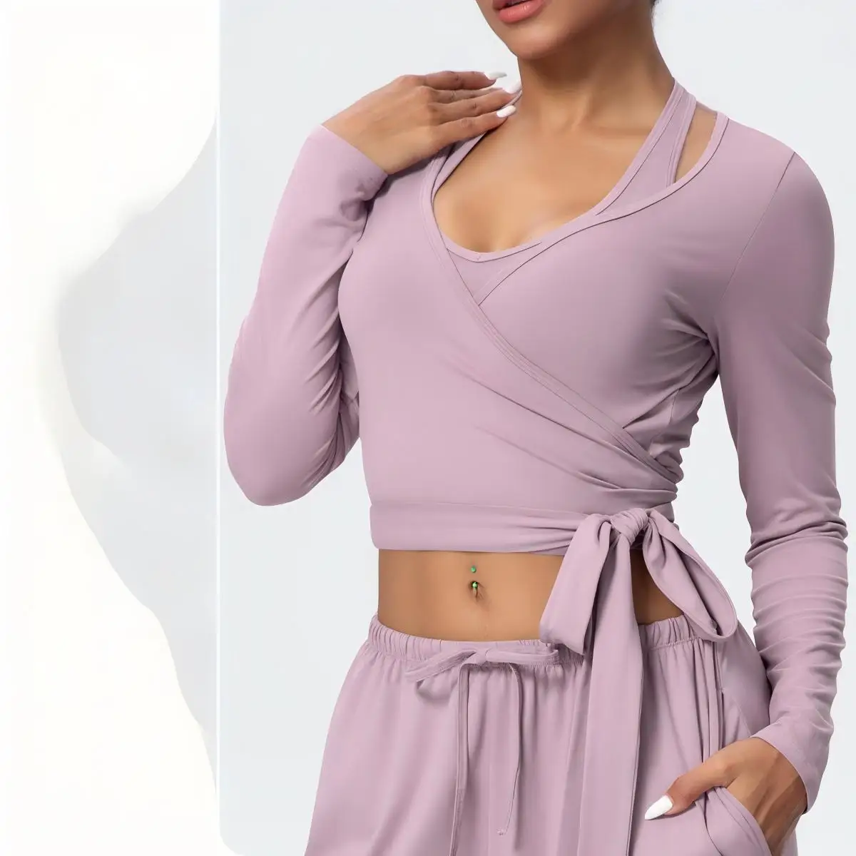 Brushed Long Sleeve Yoga Top Women One Piece Tie Strap Elegant Outdoor Fitness Workout Sports Activewear