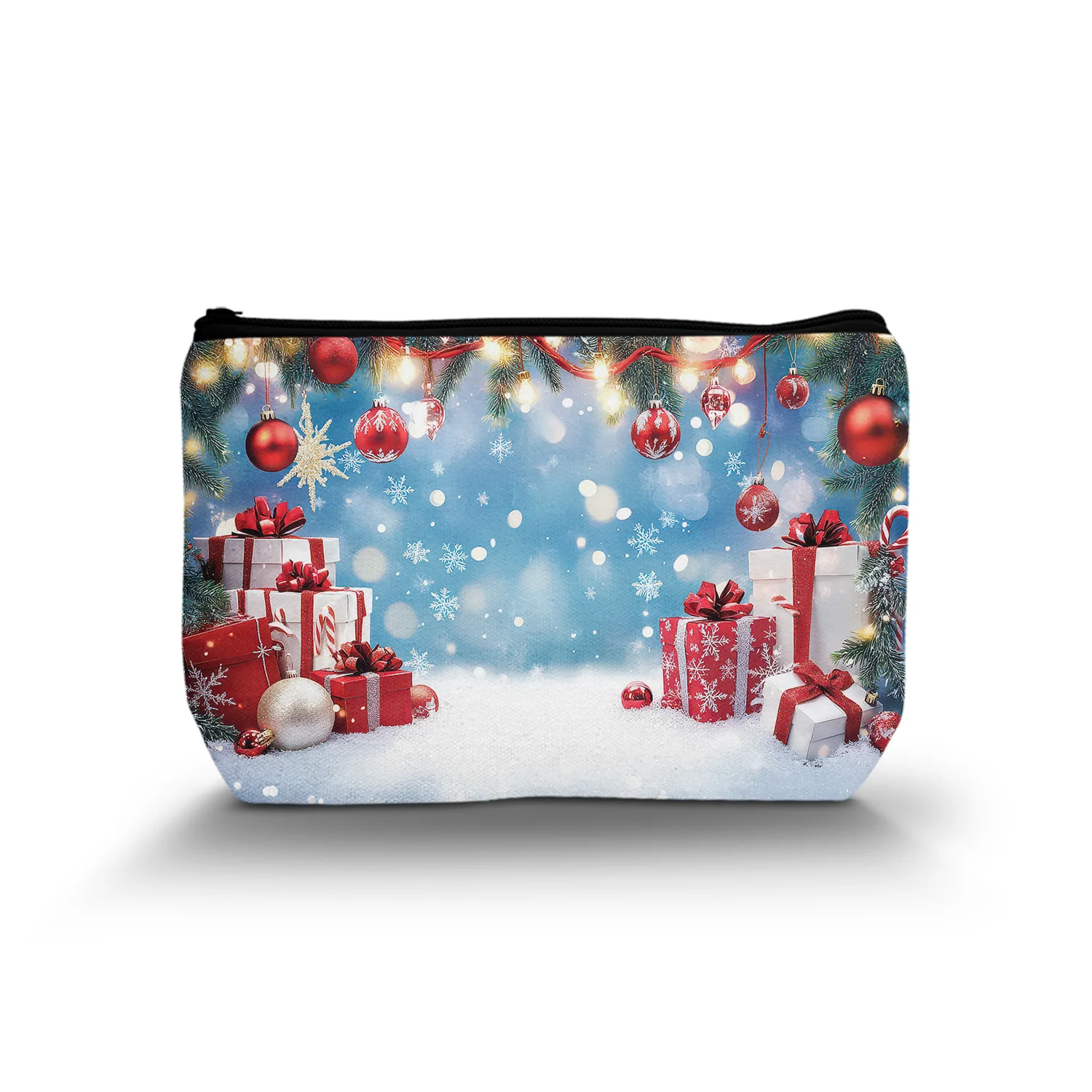 1Pc Christmas Atmosphere Cosmetic Bag Blue Background Snowy Various Christmas Decorations Cosmetic Bag 8.66X5.51Inch