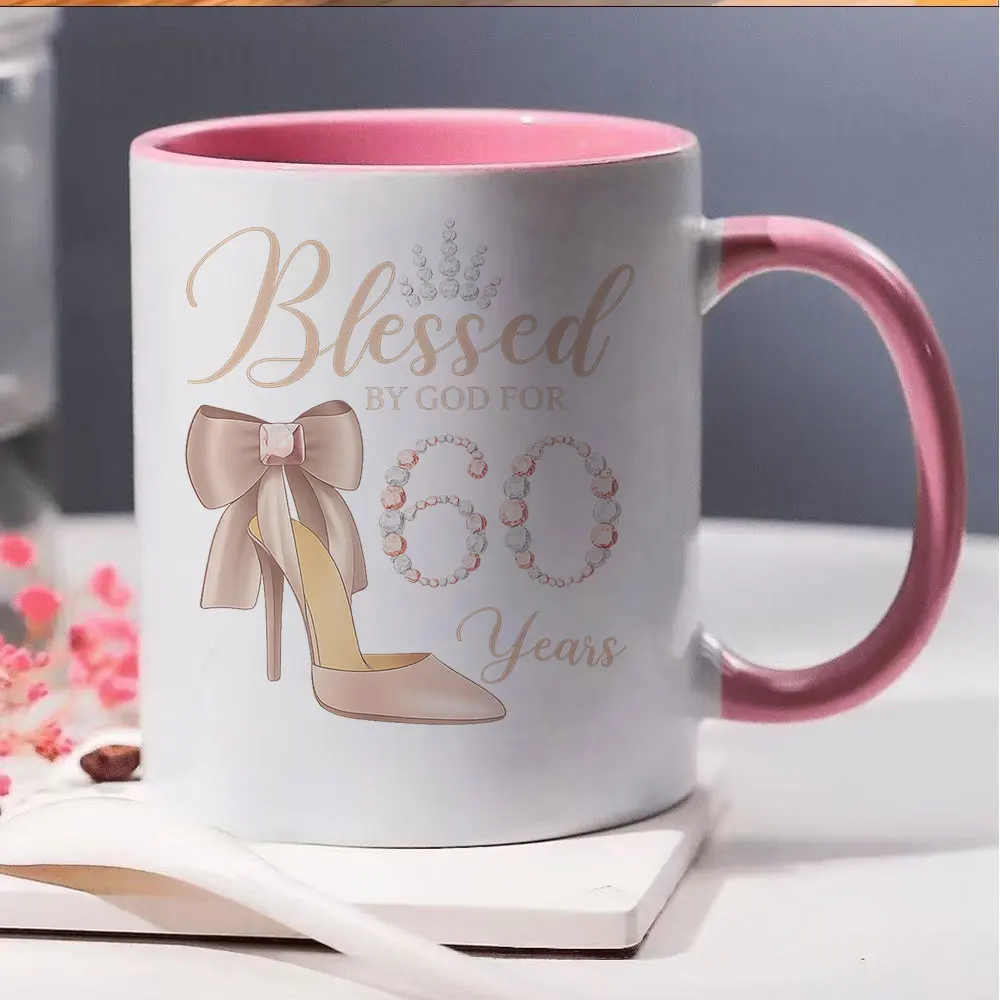 11oz Blessed By God For 60 Years Ceramic Coffee Mug with High Heel Bow Design Tableware for Birthday Party Home Use Holiday Pres