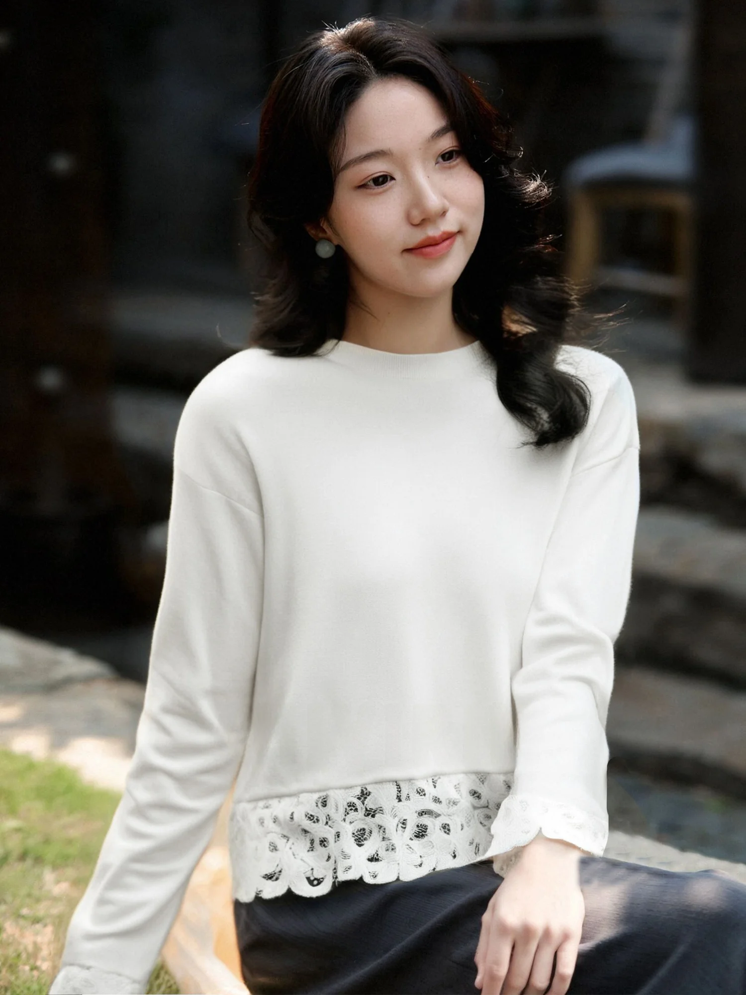 

Новый женский вязаный шерстяной свитер Cloud Soft с кружевной отделкой, повседневный, свободного кроя, теплый, с длинными рукавами и круглым вырезом, весна-осень