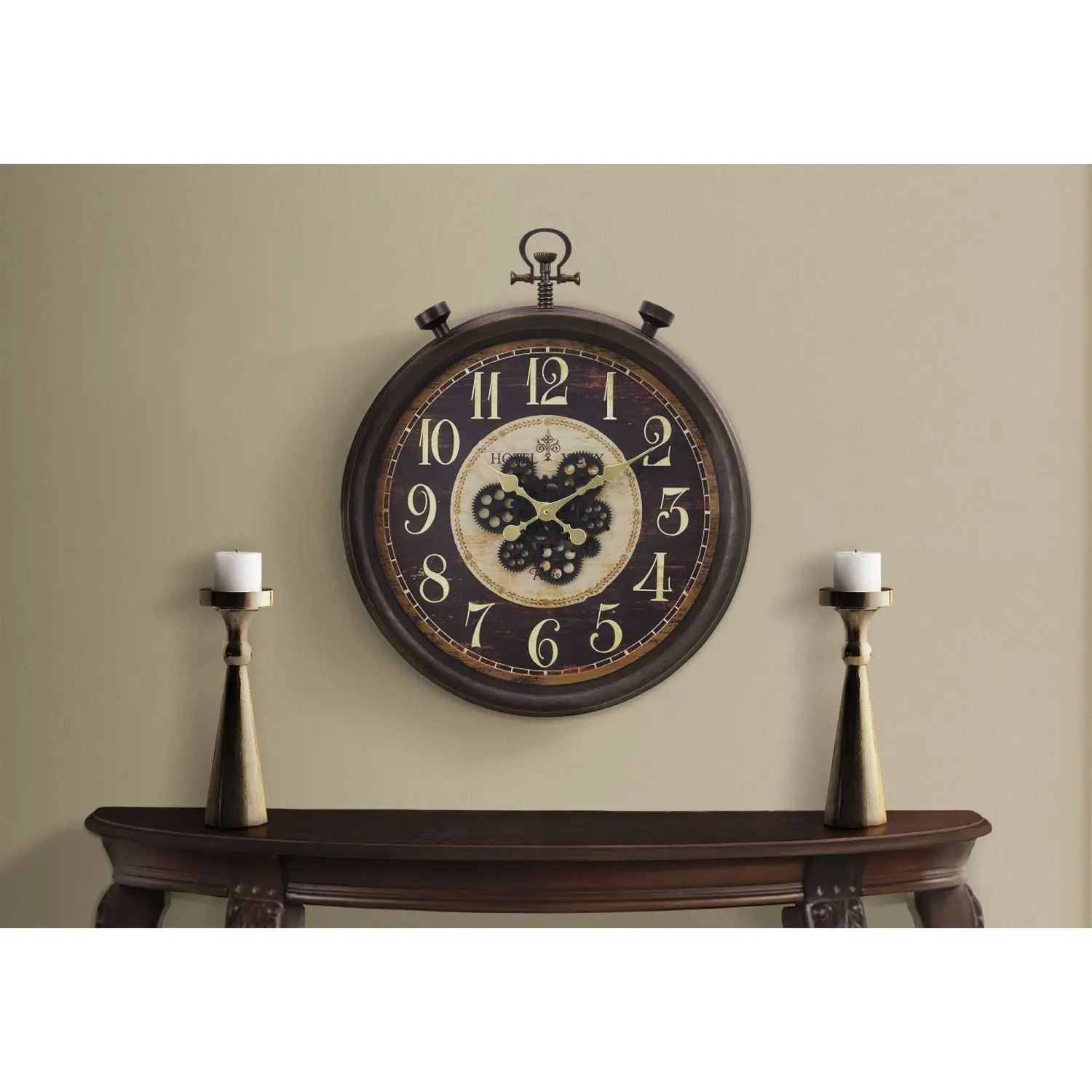 24 Round Traditional Brown Wall Clock with Gear Mechanism