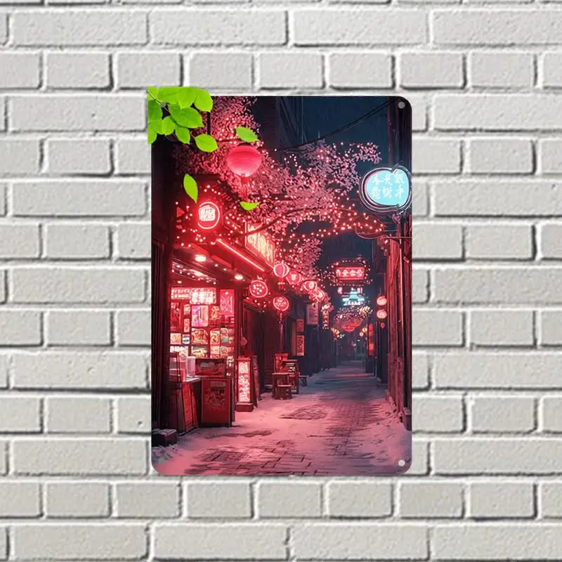 1-Pack 2D Flat Metal Sign & Decorative Wall Art, Anime City Alley Backdrop Logo Print, Wall Decor Picture for Living Room, Dinin