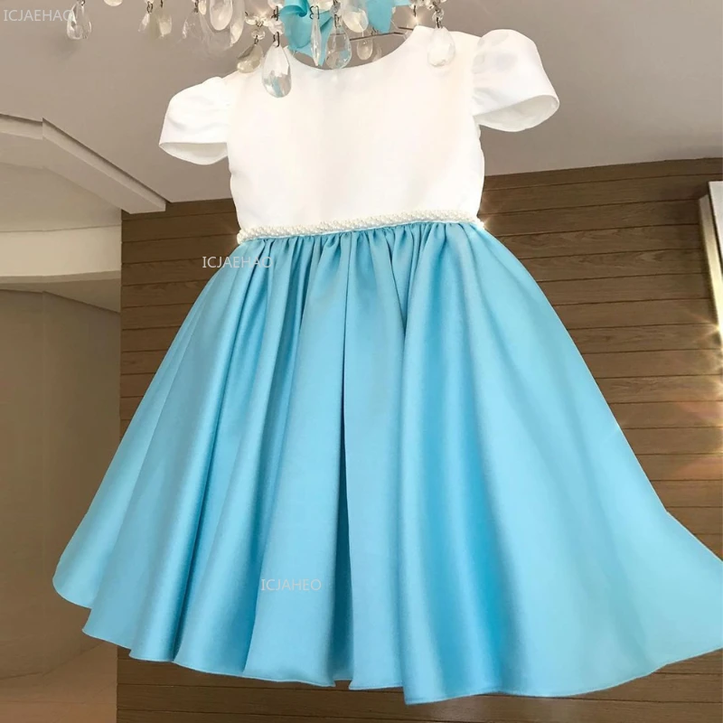 Kids Pageant Dress Two Tone Color Bow Puff Sleeve Princess Gown Clothes Hosting Piano Recital Birthday Party Children Costume