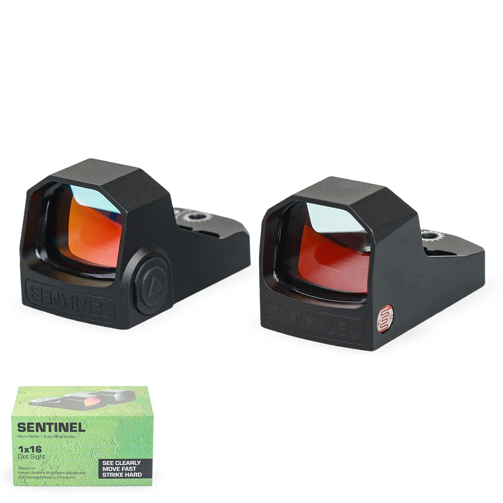 Sentinel Red / Green Dot 1x16mm 3 MOA RMSc Footprint Auto / Manual Brightness Adjustment Compact Micro Reflex Sight