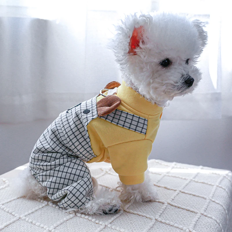 1PC Pet Clothing Dog Spring and Autumn Bear Checkered Four legged Strap Pants with Towing Rope and Buckle For Small Medium Dogs