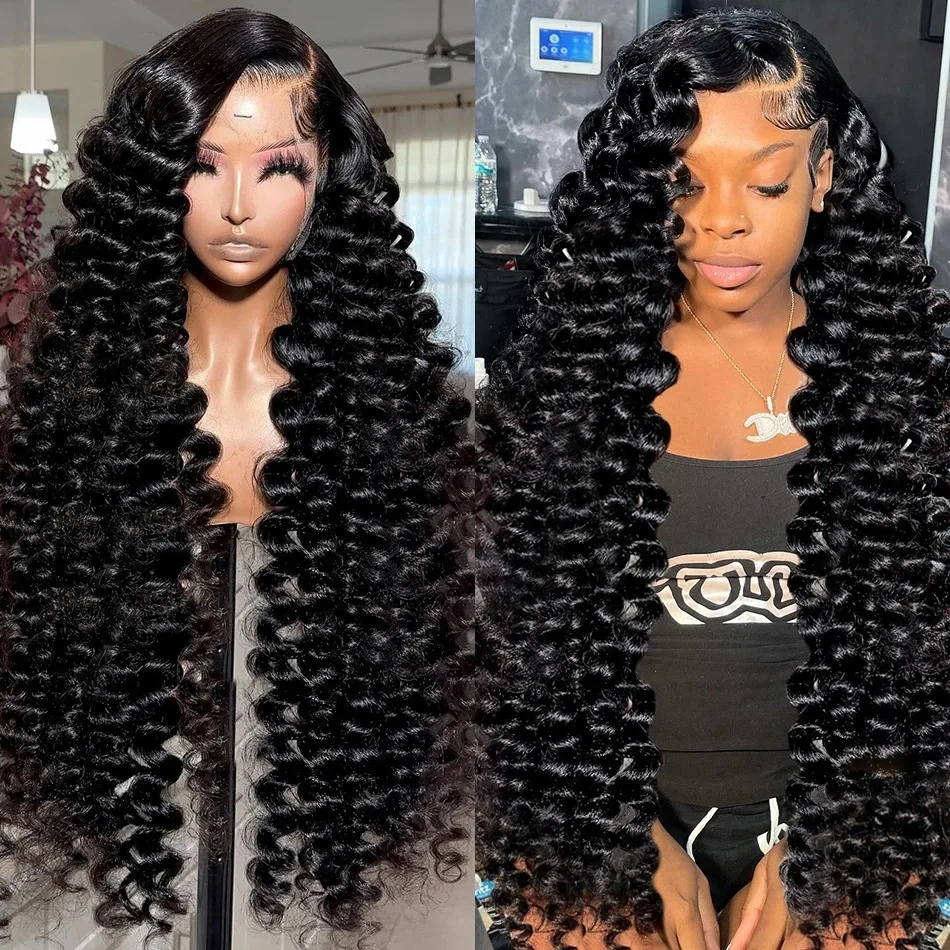 250 Density 5x5 Glueless HD Transparent Deep Wave Lace Frontal Human Hair Wig 30Inch Lace Front Wig PrePlucked For Black Women