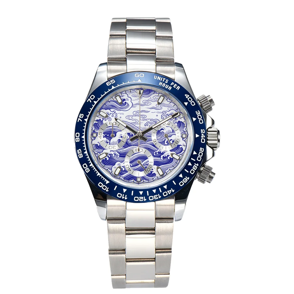 Men Chronograph Watch VK63/64 Watch Blue Rubber Strap Wave Pattern Sports Wristwatch Waterproof Quartz Watch for Business Casual