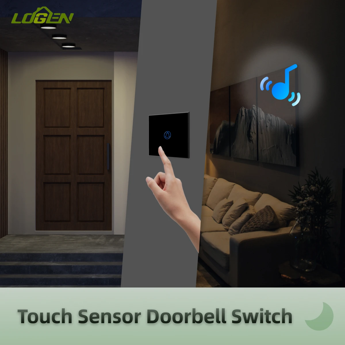 EU New Tempered Crystal Glass Panel 4 Color Wall Touch Sensor Doorbell Switch 1 Gang 1Way Blue Backlight No Neutral Wire