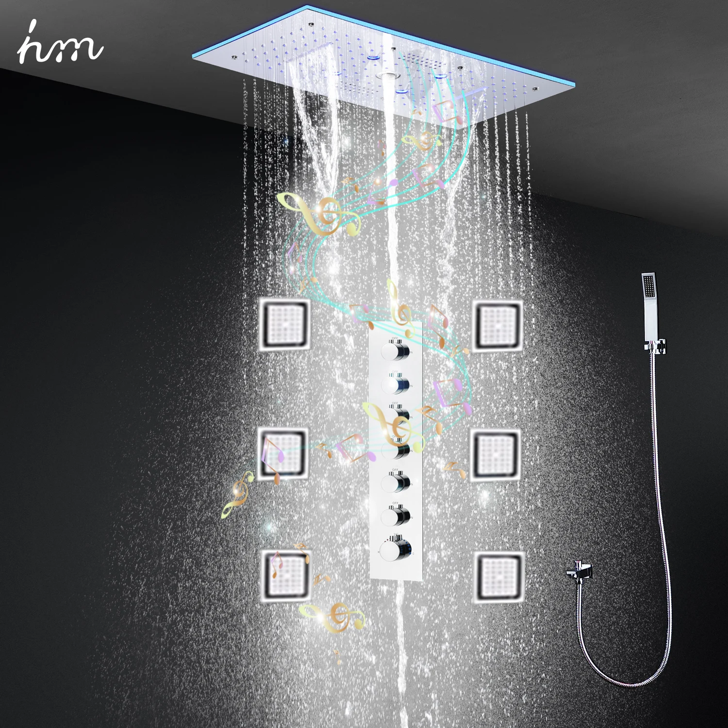 Imagem -02 - Teto Grande Música Led Chuveiro Sistema Conjunto Estilo Europeu Precipitação Cachoeira Chuveiro Cabeça Misturador Termostático Válvula Lateral Jatos hm