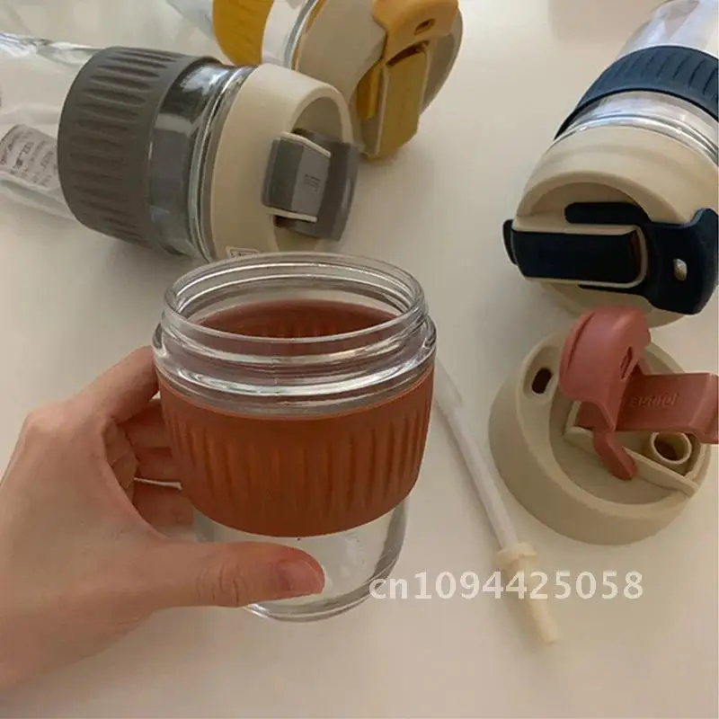 Korean Glass Water Bottle ins Portable Glass Cup With Lid Straw For Coffee Milk Tea Juice Anti-scalding School Drink Bottle Gift