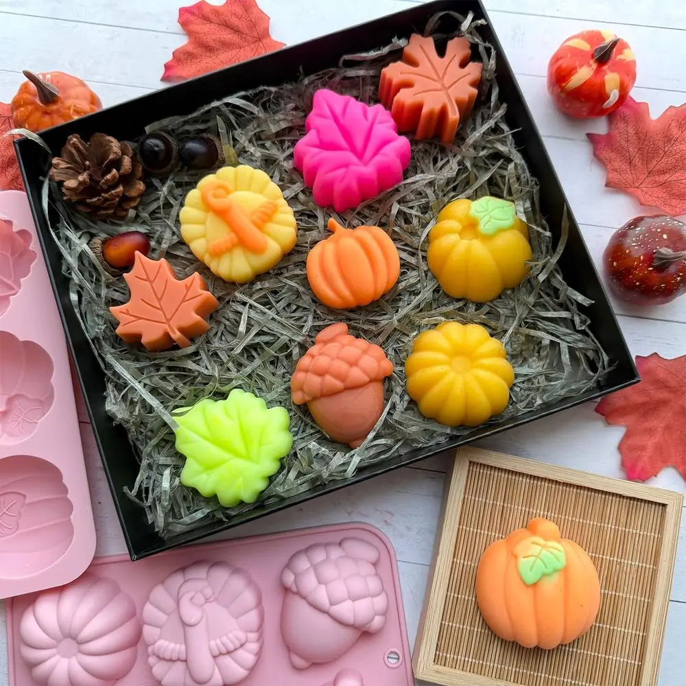 2Pcs 3D Pumpkin Mold Silicone Mold Halloween Thanksgiving Theme Maple Lea Acorn Shape Chocolate Cake Pan Cupcake Toppers Resin C