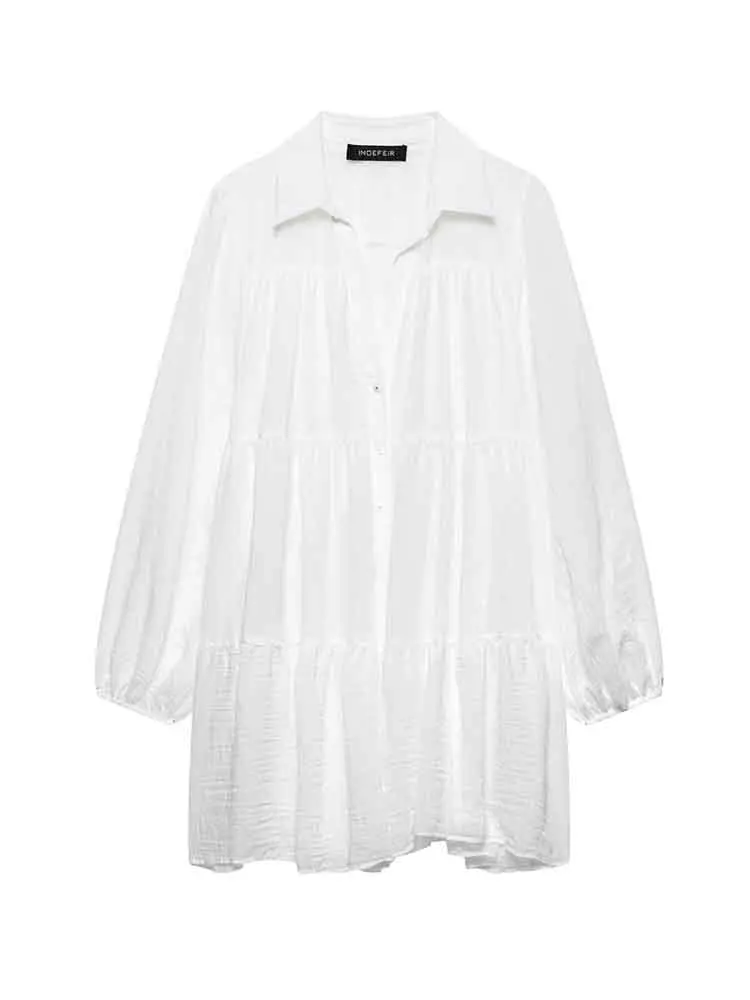 

European style new women's fashion versatile simple sweet layered stitching loose shirt lapel long-sleeved dress