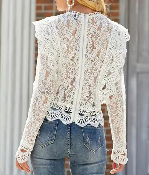 

Women Top 2025 Y2K Latest New Solid Color Base Sexy Hollow Lace Long Sleeved Lace Shirt Fashionable Retro Slim Fit Elegant Shirt