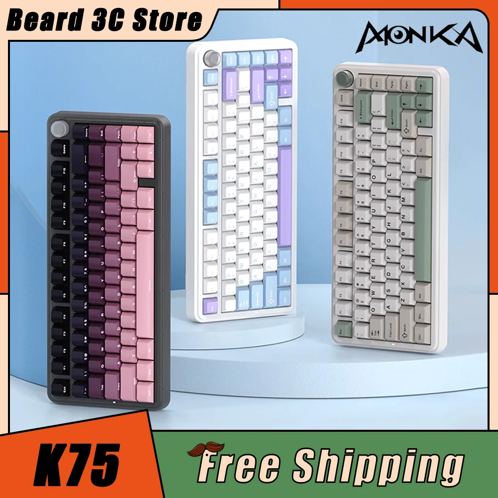 

MONKA K75 Mechanical Keyboard Three Mode Multifunctional Knob RGB Hot Swap Wireless Gaming Keyboard Gasket Pc Gamer Accessories