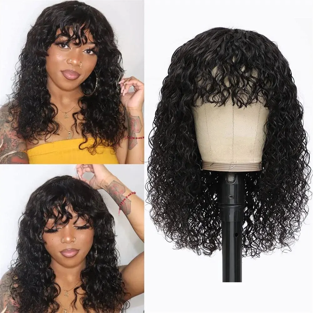 Peruca Remy Curly Brasileira com Franja para Mulheres, Perucas de Cabelo Humano, Onda de Água, Máquina Completa Feita, Sem Renda, Franja