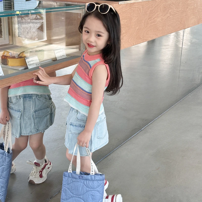 

Girl Vest Top Shirt Girls Korean Style Vest Top 2024 Summer New Children Baby Girl Striped Sleeveless Vests Baby Fashion Tops