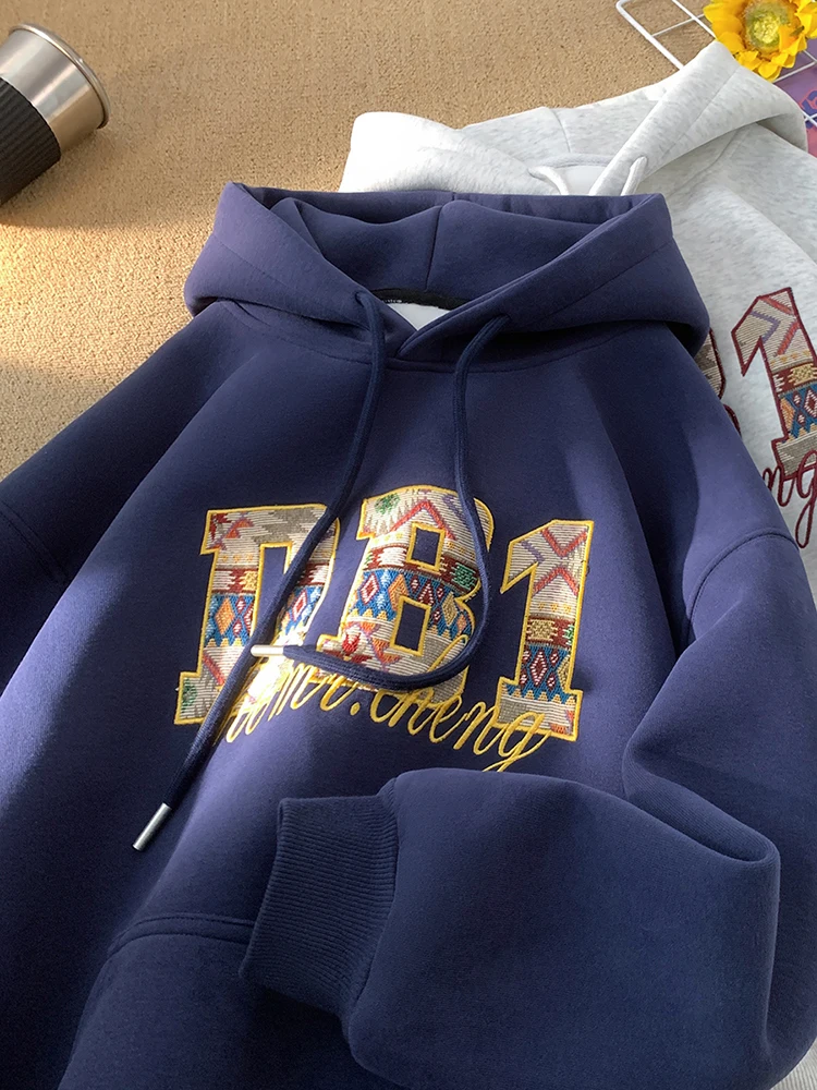 

Синяя толстовка с капюшоном для мужчин, вышитая, тяжелая, износостойкая, американская модная брендовая молодежная верхняя одежда, свободная посадка, длинный све
