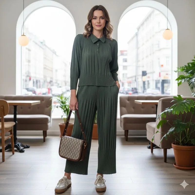 

Костюм с плиссированными брюками Miyake: Новинка Весна 2026 – Плиссированный однотонный свободный жакет больших размеров + модные повседневные брюки 7/8