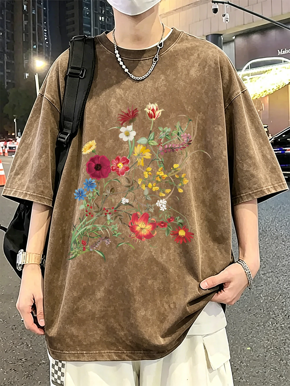 Flowers Born In The Sun Printing Washed T-Shirt Men'S Cotton Oversized T Shirts Casual O-Neck Distressed Tops Summer Men Clothes