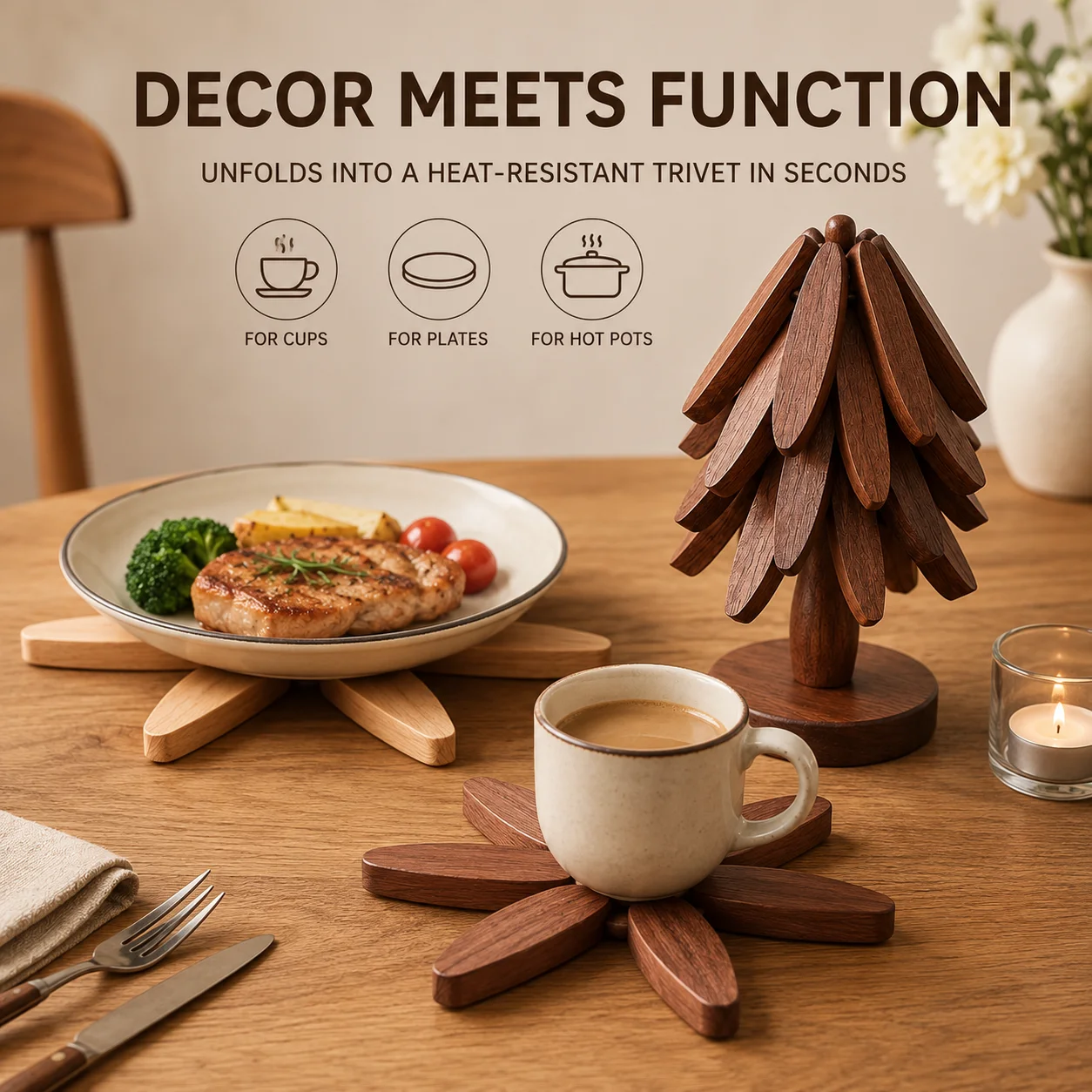 Uwhise Creative Wooden Tree Trivet Set Foldable Heat Resistant Table Mat for Hot Pans Dishes and Cups 3/5 Piece
