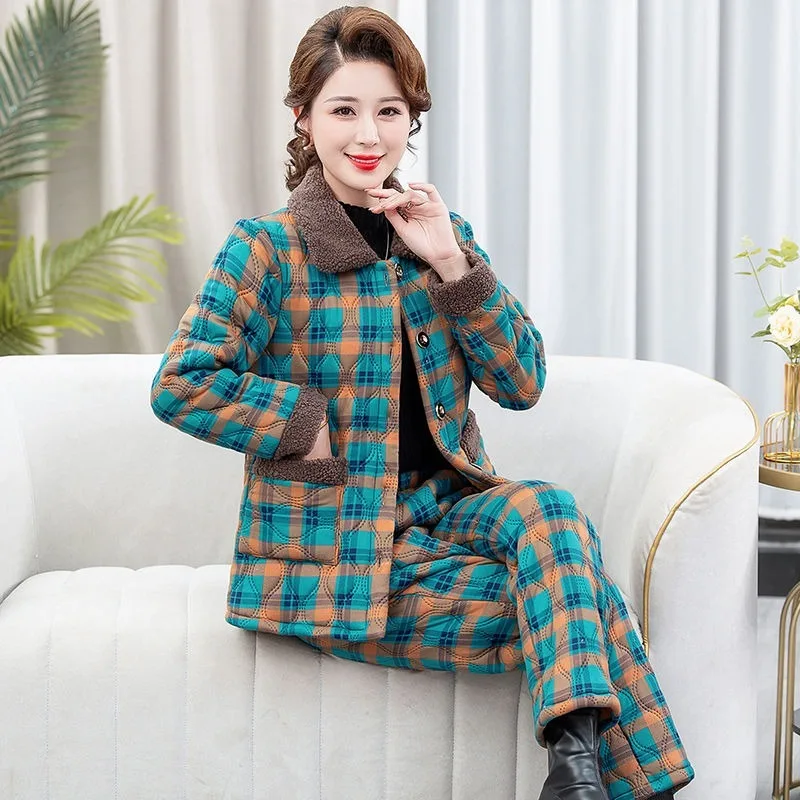 2023 New Mid Aged and Elderly Mothers' Cotton Jacket Loungewear Set Plush Thickened Sleepwear Loose Warm Pajamas Set Overcoat