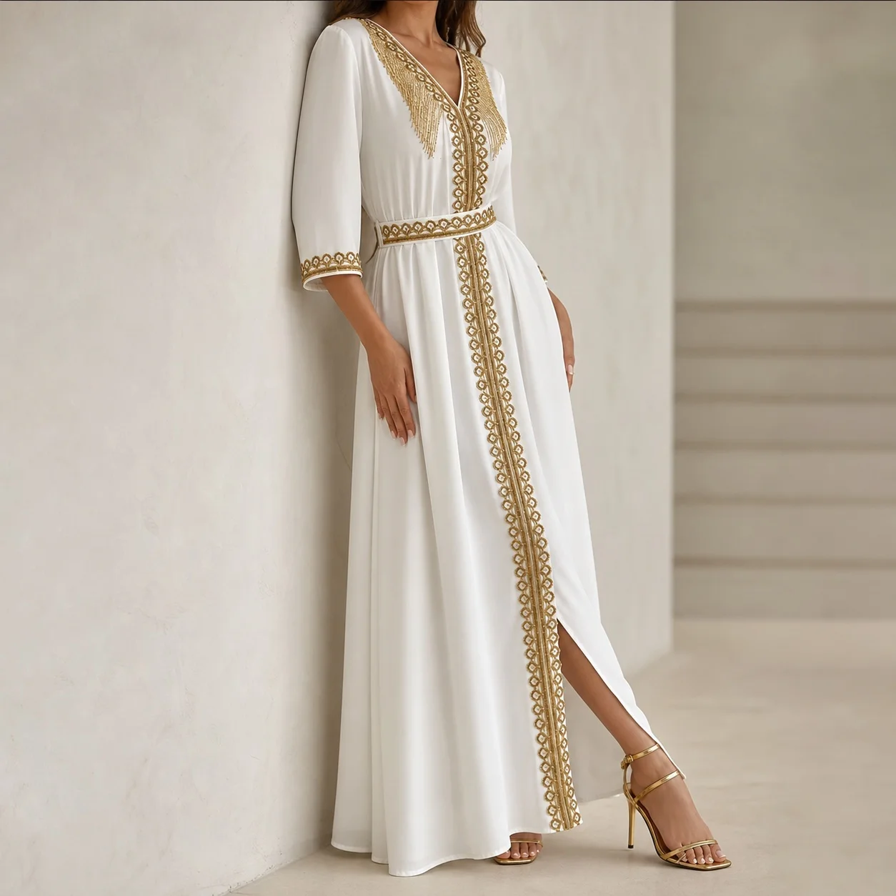 2026 New Moroccan Kaftan Abaya Women Dubai Luxury Rhinestone Tassel V Neck Belted Eid Party Three Quarter Sleeve Long Dress