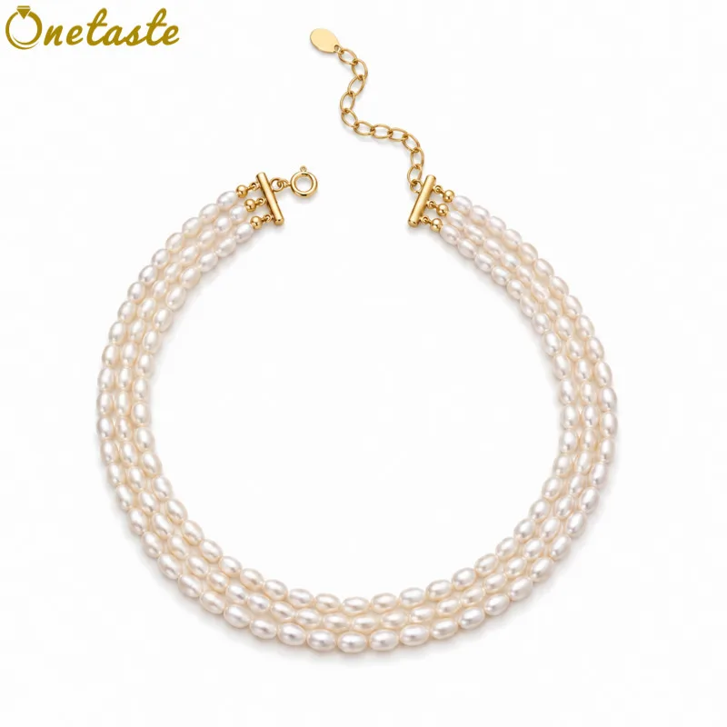 Small White Pearl Strand Necklace Women Mothers 925 Silver Dainty Tri Rows Multilayered Beaded Choker Necklaces Party Her Gift