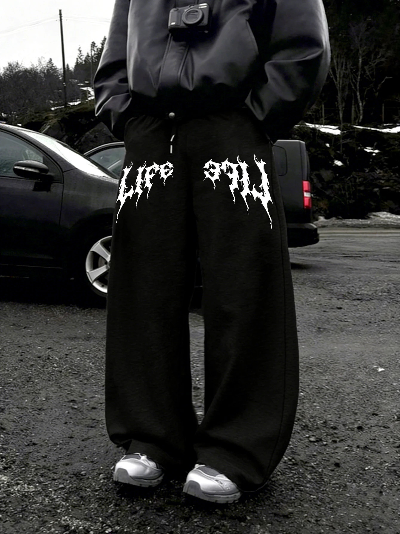 Men Wide Leg Life Fall Gothic Sweatpants 100% Polyester Thorn Letter Print Baggy Y2K Drawstring Casual Jogger Pants