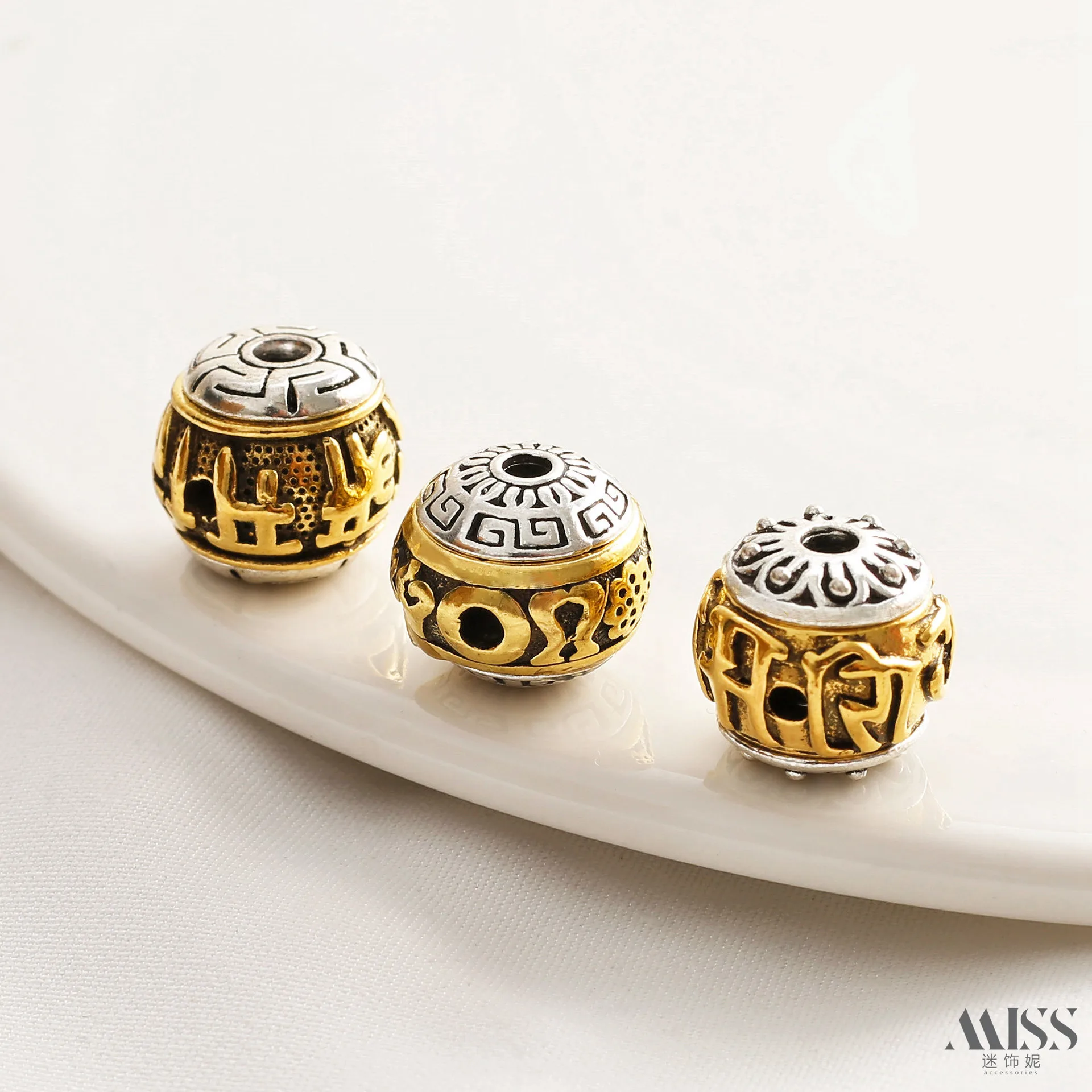 Tibetan Silver Two Tone Drum Beads Lantern Beads Om Mani Padme Hum Pattern Three Hole Spacer Beads For DIY Jewelry Accessories