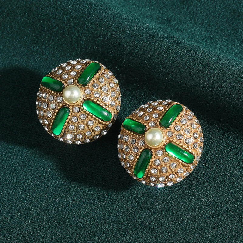 

Vintage Glaze Green Earrings Stud For Woman Round Crystal Rhinestone Gold Color Luxury Quality Jewelry Elegant Designer 2025
