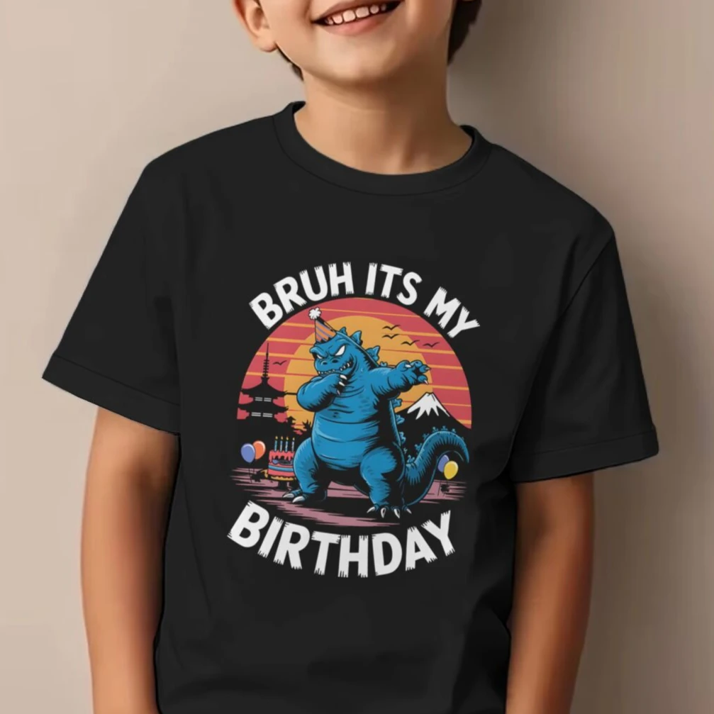 Bruh Its My Birthday Kids T-Shirt Funny Dinosaur Birthday Graphic Tee Boys Birthday Tee Soft Casual Top Kids Cotton T-shirt